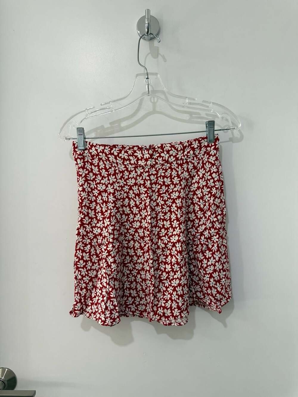 Reformation Red and White Floral Print Mini Flounce Skirt